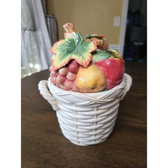 Fitz & Floyd Basket Weave Cookie Jar / Canister - Apple Pear Grape Peach 11 X 9 - Picture 2 of 16
